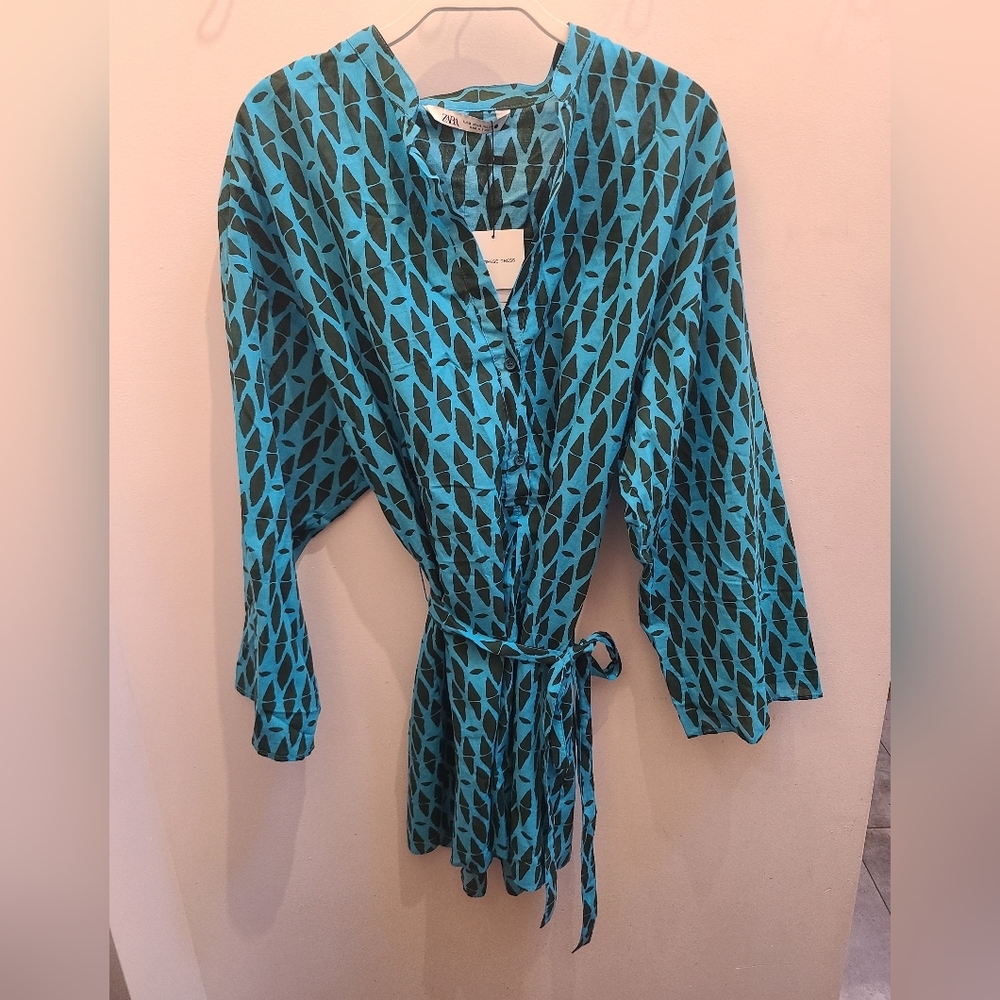 NWT Zara 100% Cotton "The Reese Dress" in Blue Geo Print - Size M - Picture 8 of 14
